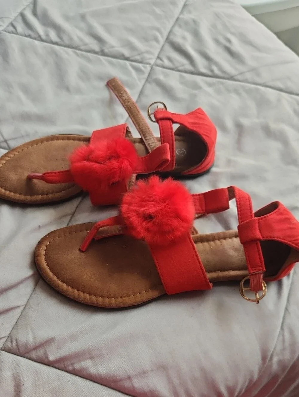 Women's Red Pom-Pom T-Strap Sandals